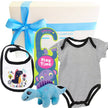 Baby gift set with onesie, bib, and toy on a white background