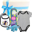 Baby gift set with onesie, bib, and toy on a white background