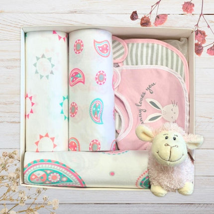 Gift box with aby wraps and pink bibs and pink lamb toy