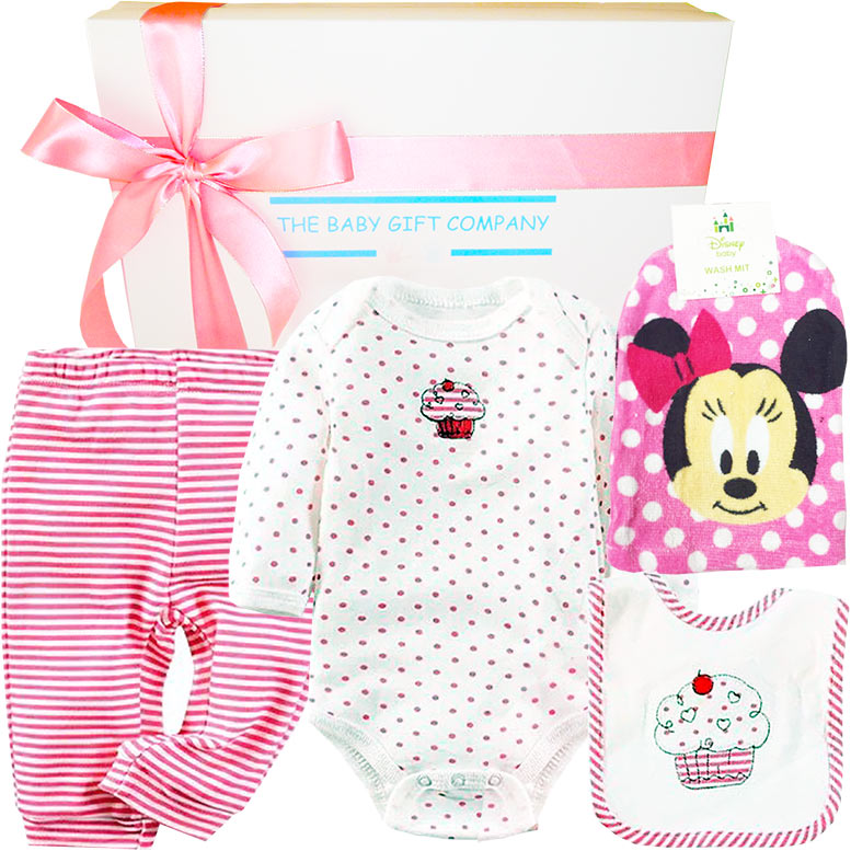 Baby gift set with pink and white striped pants, polka dot onesie, and Minnie Mouse-themed socks from The Baby Gift Company.