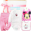 Baby gift set with pink and white striped pants, polka dot onesie, and Minnie Mouse-themed socks from The Baby Gift Company.