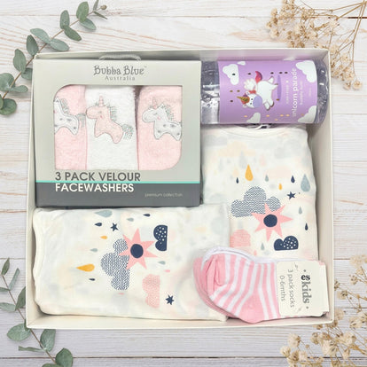 Bubba Blue 3-pack velour facewashers with a pink and white design on a wooden surface.