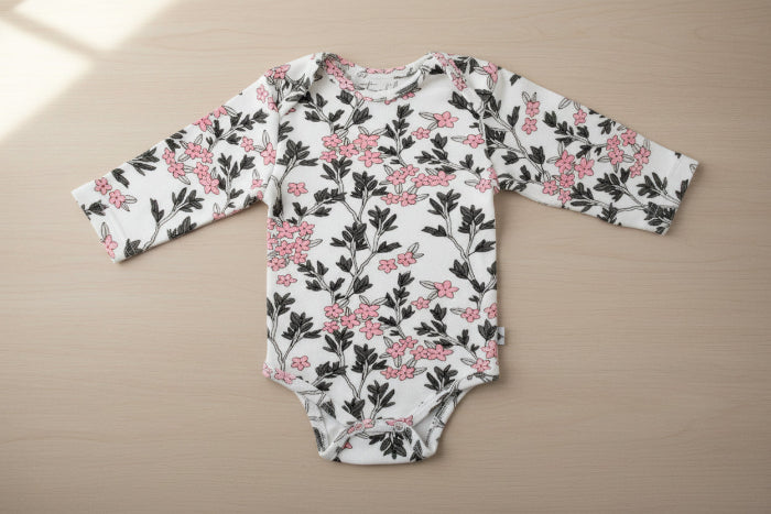 Floral-patterned baby onesie with long sleeves on a table background