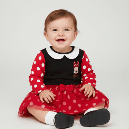 Baby wearing red Minnie mouse dress