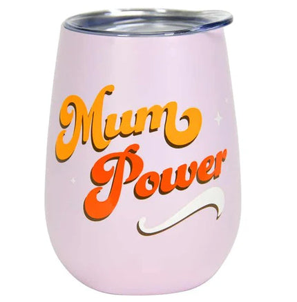 Pink wine tumbler with 'Mum Power' text on a white background