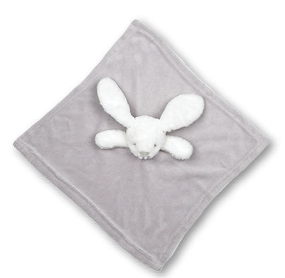 Gray blanket with a white bunny plush toy on a white background