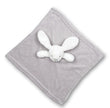 Gray blanket with a white bunny plush toy on a white background