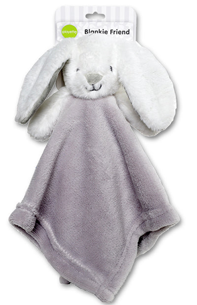 Gray plush blanket with bunny face on a white background