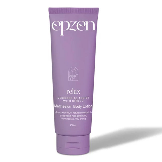 Purple tube of epzen magnesium body lotion on a white background