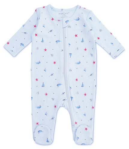 Baby onesie with nautical pattern on a white background