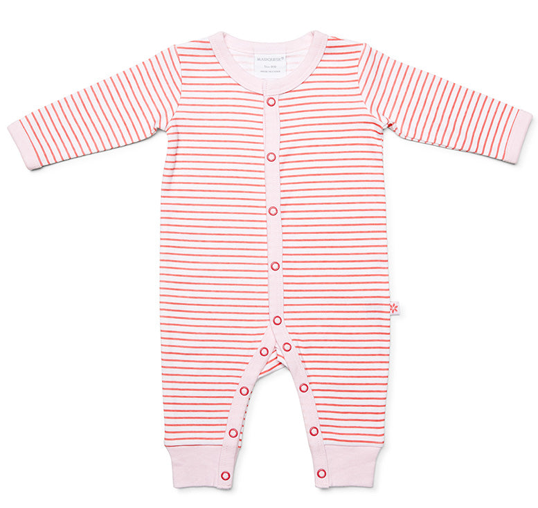 Pink and white Marquise Pink Stripes Baby Grosuit striped on a white background