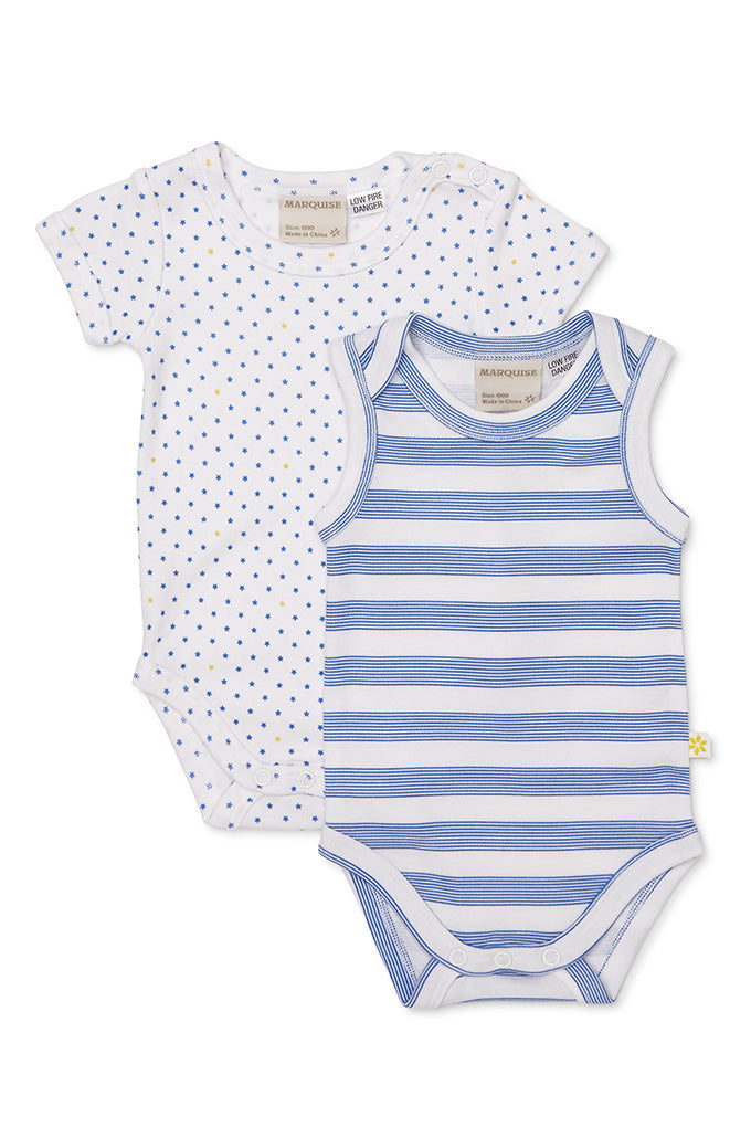 Two baby bodysuits, one with white polka dots and the other with blue stripes, on a white background.