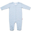 Baby blue studsuit with star pattern on a white background
