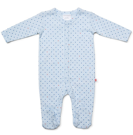 Baby blue studsuit with star pattern on a white background