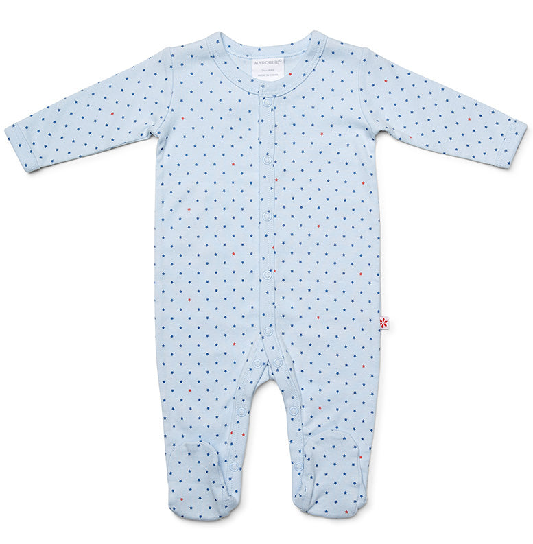 Baby blue studsuit with star pattern on a white background