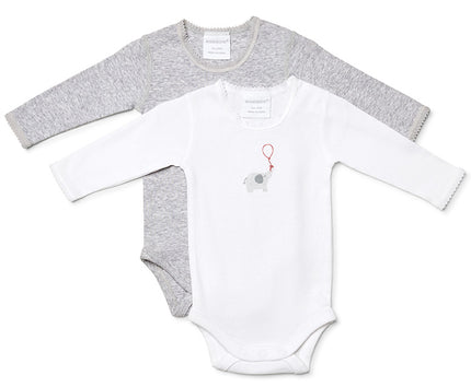 Gray and white baby bodysuit on a white background