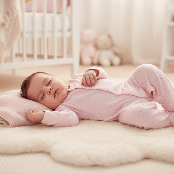 sleeping baby in pink sleepsuit
