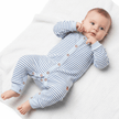 baby wearing blue stripe bodysuit