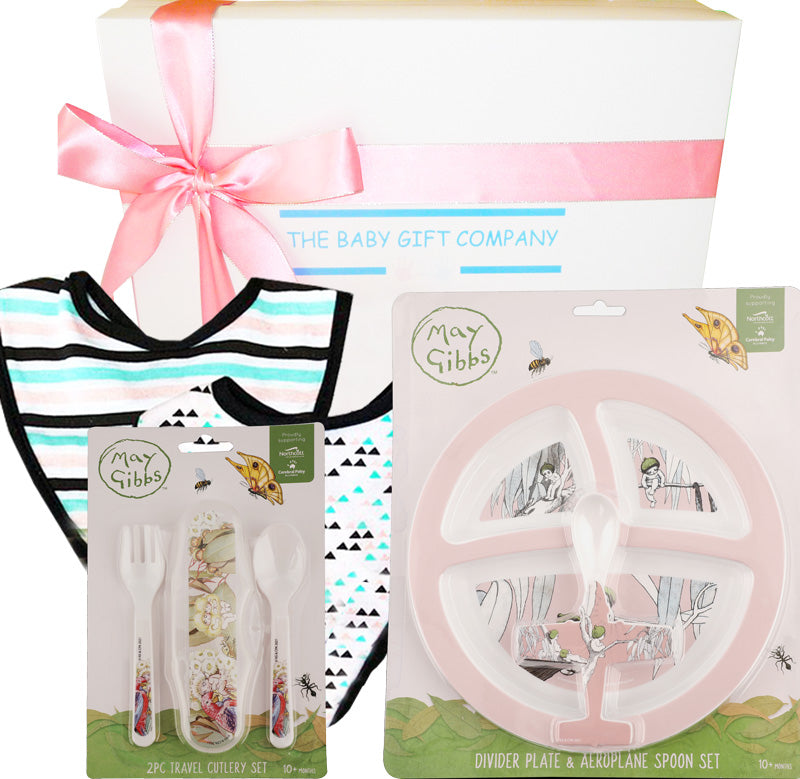 Baby gift set with May Gibbs dinner plate and cutlery featuring Gumnut Babies characters, branded 'The Baby Gift Company'.