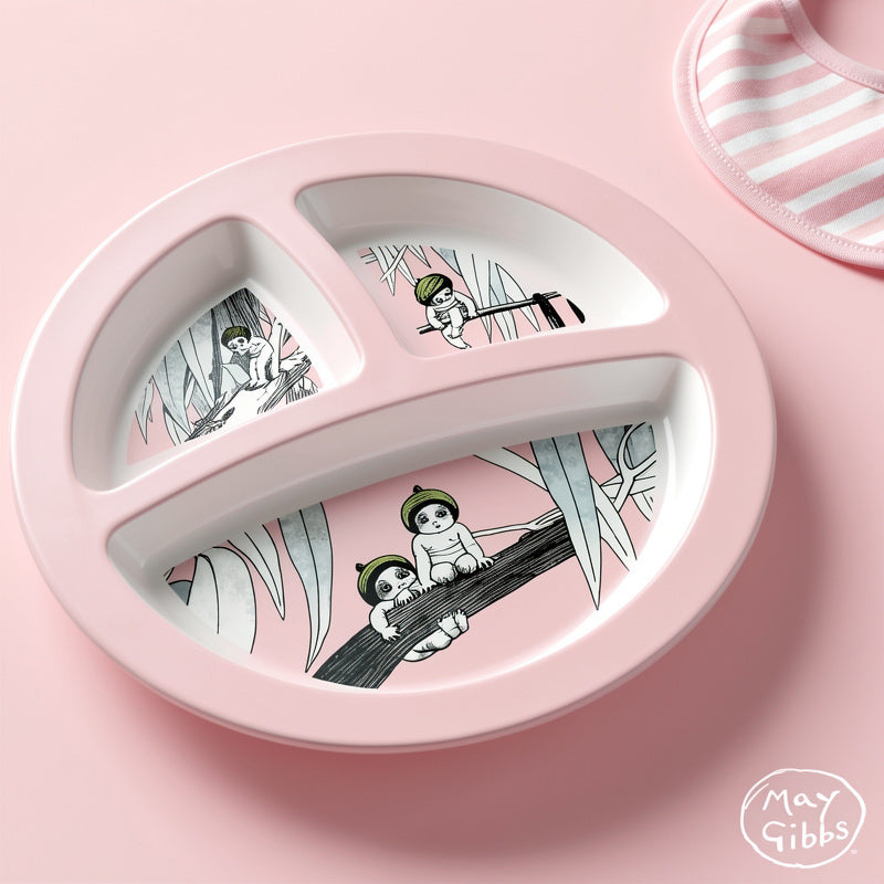 May Gibbs Gumnut Babies Gum Leaf Divided Melamine Plate on a pink table background