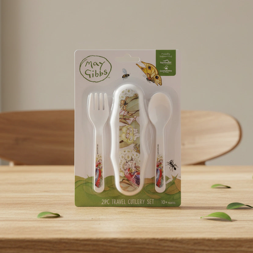 May Gibbs Gum Travel Cutlery Set on a table background.