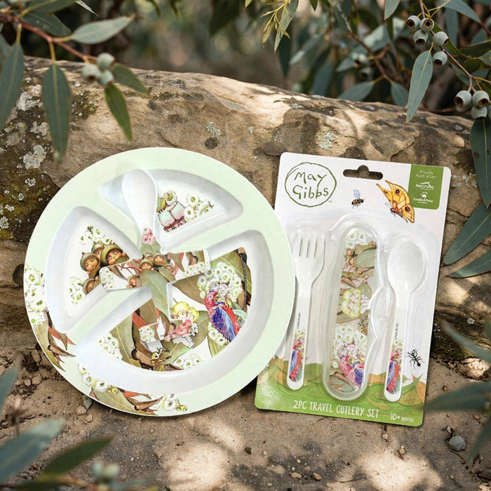 May Gibbs Divided Melamine Plate & Travel Cutlery Set on a wood background.