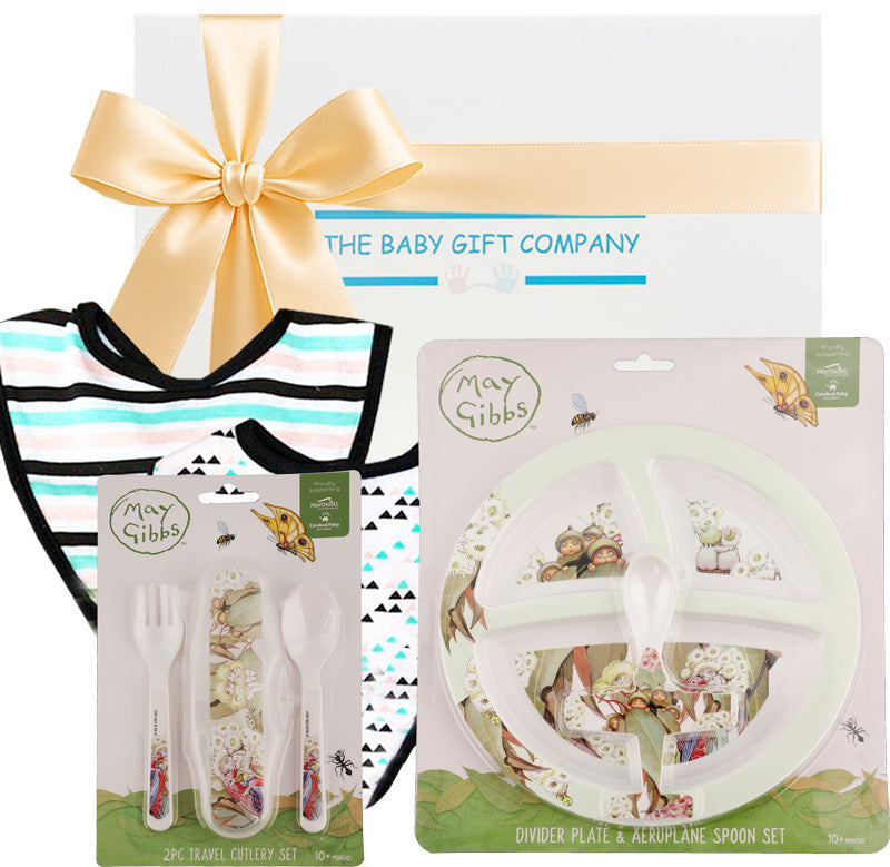 Baby gift set with May Gibbs plate, cutlery and baby bibs, and 'The Baby Gift Company' packaging.