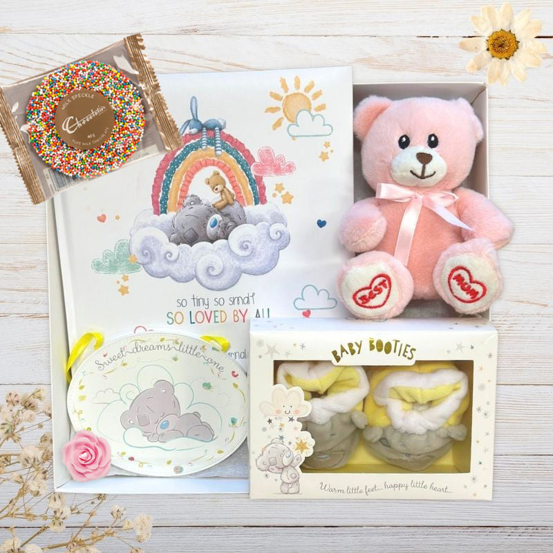 Baby journal by tiny tatty bear, booties and pink teddy bear in a box from The Baby Gift Company