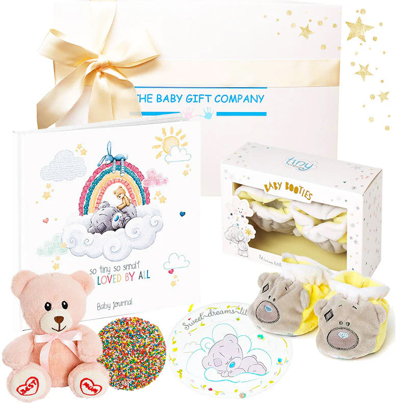 Baby gifts, book, tiny teddy design and pink teddy bear in a box from The Baby Gift Company