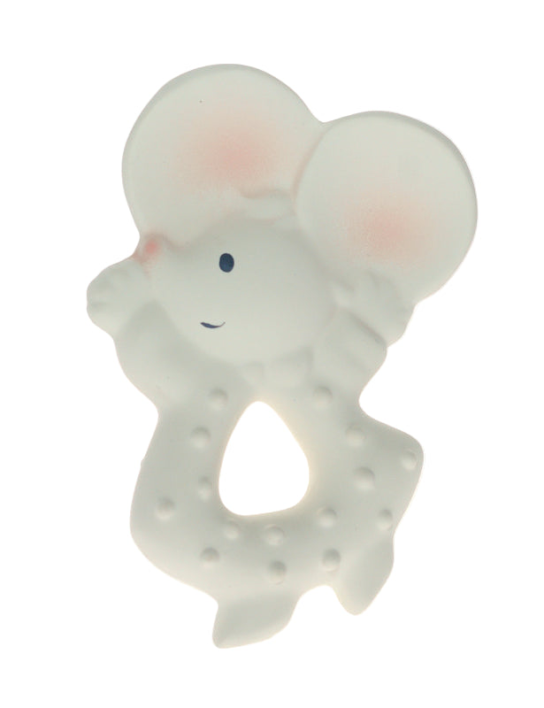 Mouse-shaped teething ring on a white background