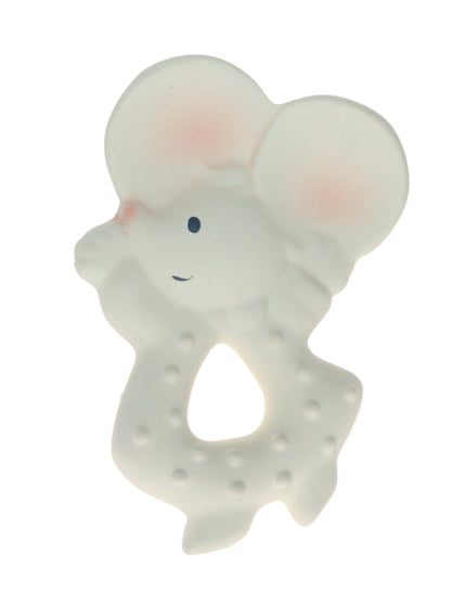 Mouse-shaped teething ring on a white background