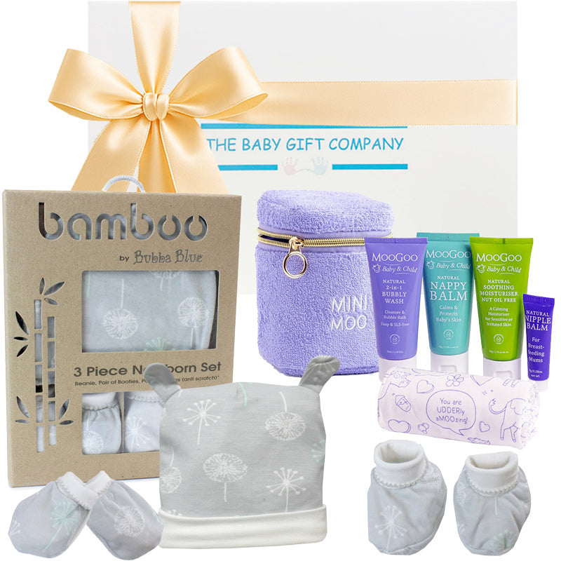 Baby gift set with Bamboo by Bubles Blue products and other items on a white background.