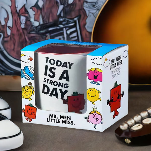 Box of Mr. Men Little Miss mug with colorful characters on a blurred background