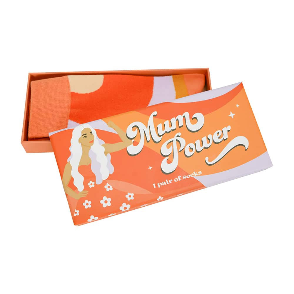Orange box with 'Mum Power' text and a woman's silhouette on a white background