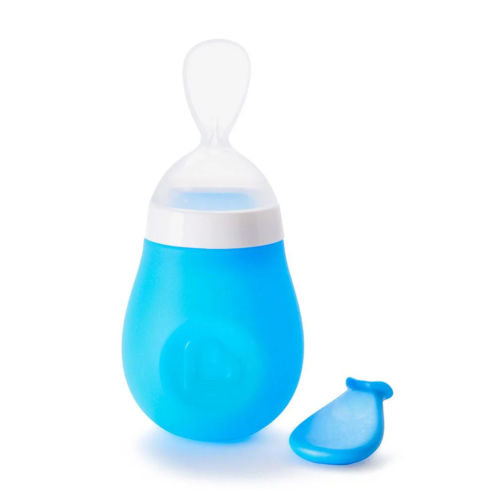 Blue and white baby bottle with a smaller blue bottle on a white background