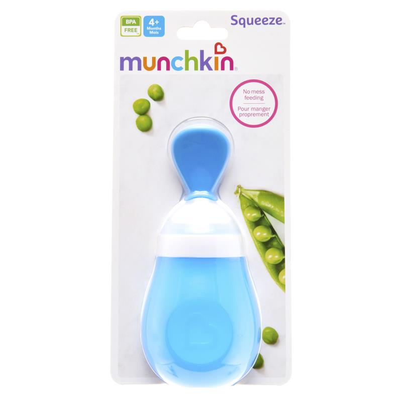 Munchkin baby spoon packaging with blue spoon and green peas on a white background