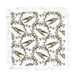 Patterned fabric with birds and branches on a white background