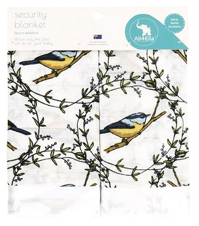 Security blanket with bird pattern and All4Ella branding