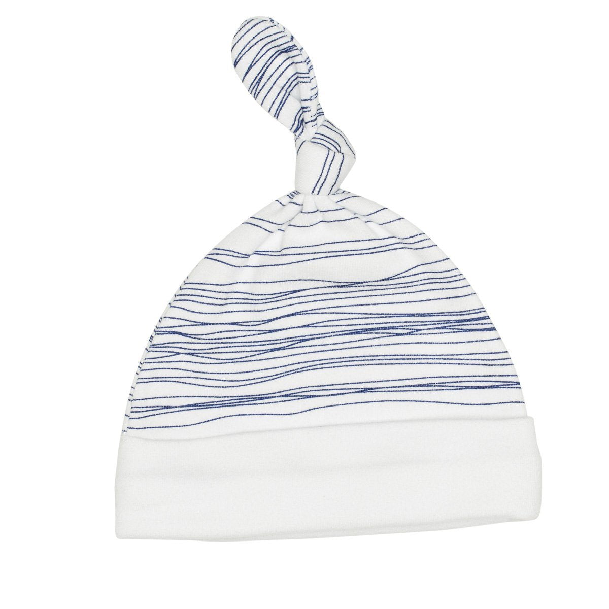 White baby hat with blue stripes on a white background