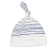 White baby hat with blue stripes on a white background