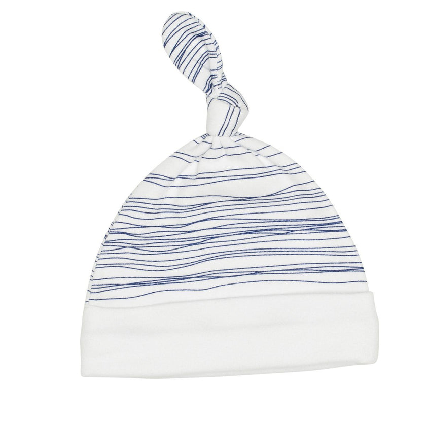 White baby hat with blue stripes on a white background