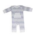 Striped baby romper with a pocket on a white background