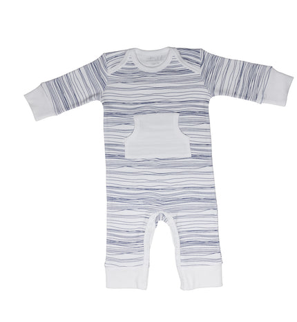 Striped baby romper with a pocket on a white background