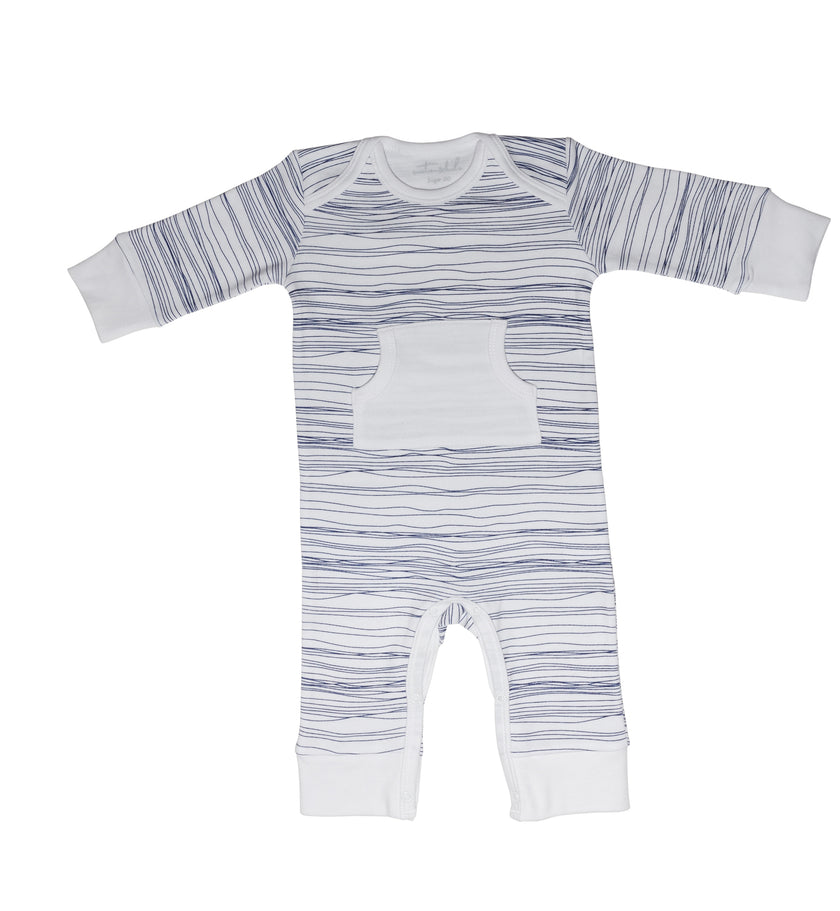 Striped baby romper with a pocket on a white background