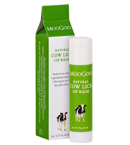 MooGoo Natural Cow Lick lip balm with packaging on a white background