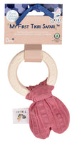 Pink baby rattle with natural wood ring and Tikiri branding on packaging