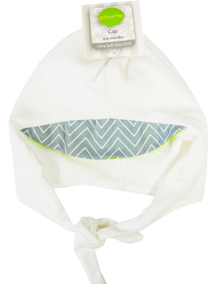 White baby cap with grey chevron pattern inside, on a white background