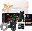 New Dad Gift set with Lynx products, a rattle toy, and a box of gourmet popcorn from The Baby Gift Company.