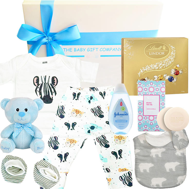 baby gift set with blue bear and baby clothing