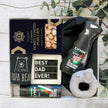 New Dad Gift set with Lynx products, a rattle toy, and a box of popcorn treats from The Baby Gift Company.